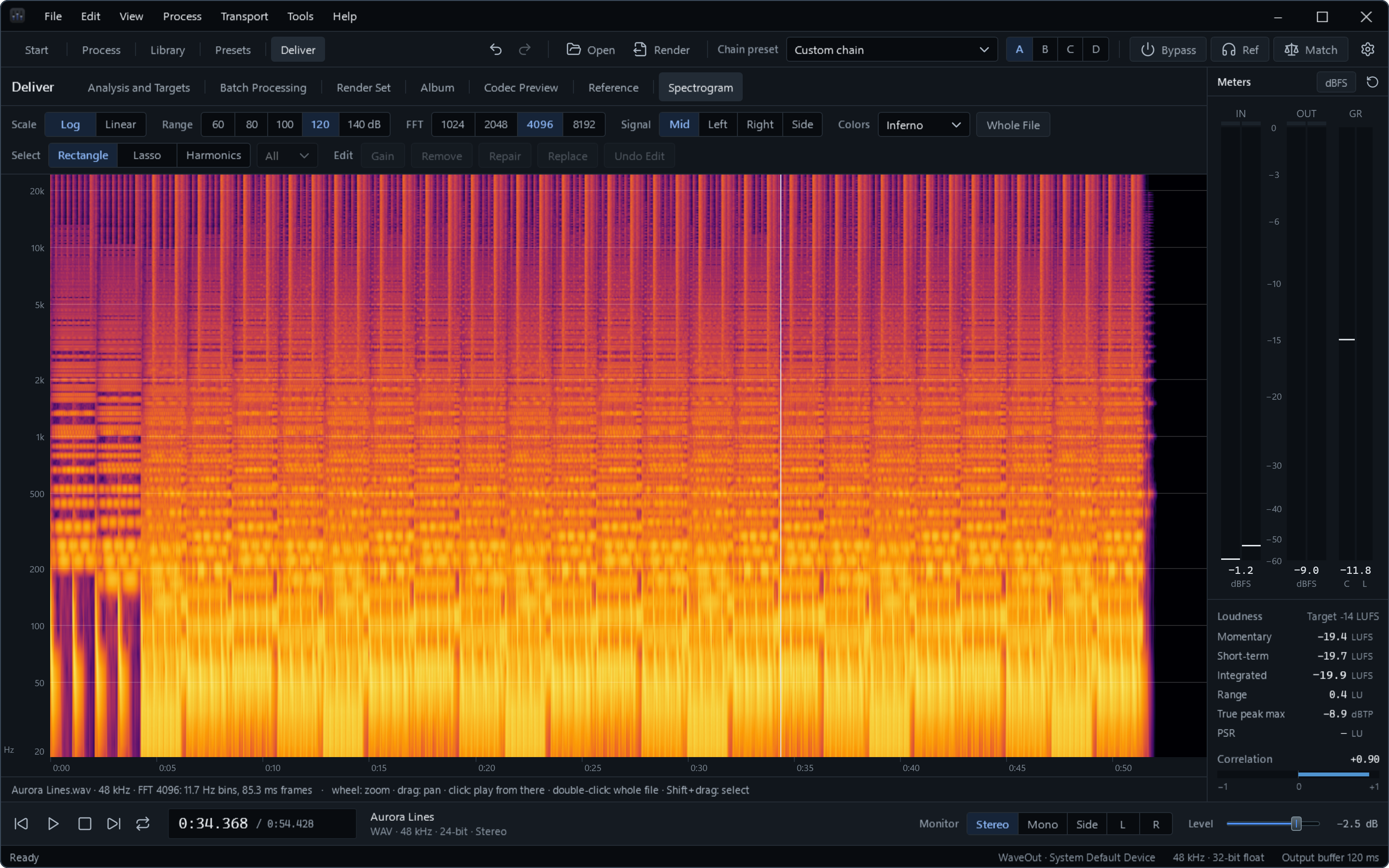 Fidena spectrogram of a whole track with selection and spectral editing tools