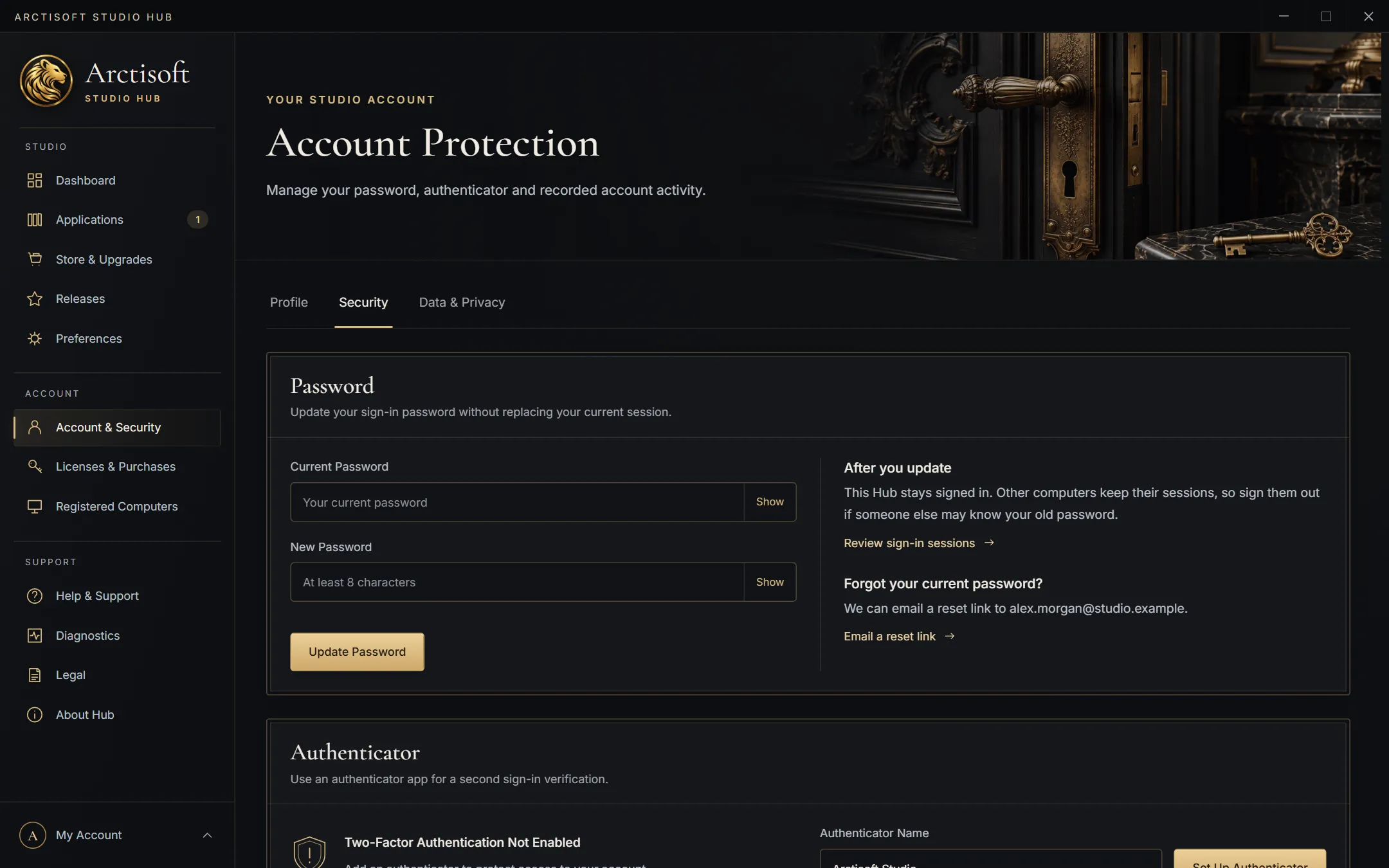 Studio Hub Account Protection page with password and authenticator settings