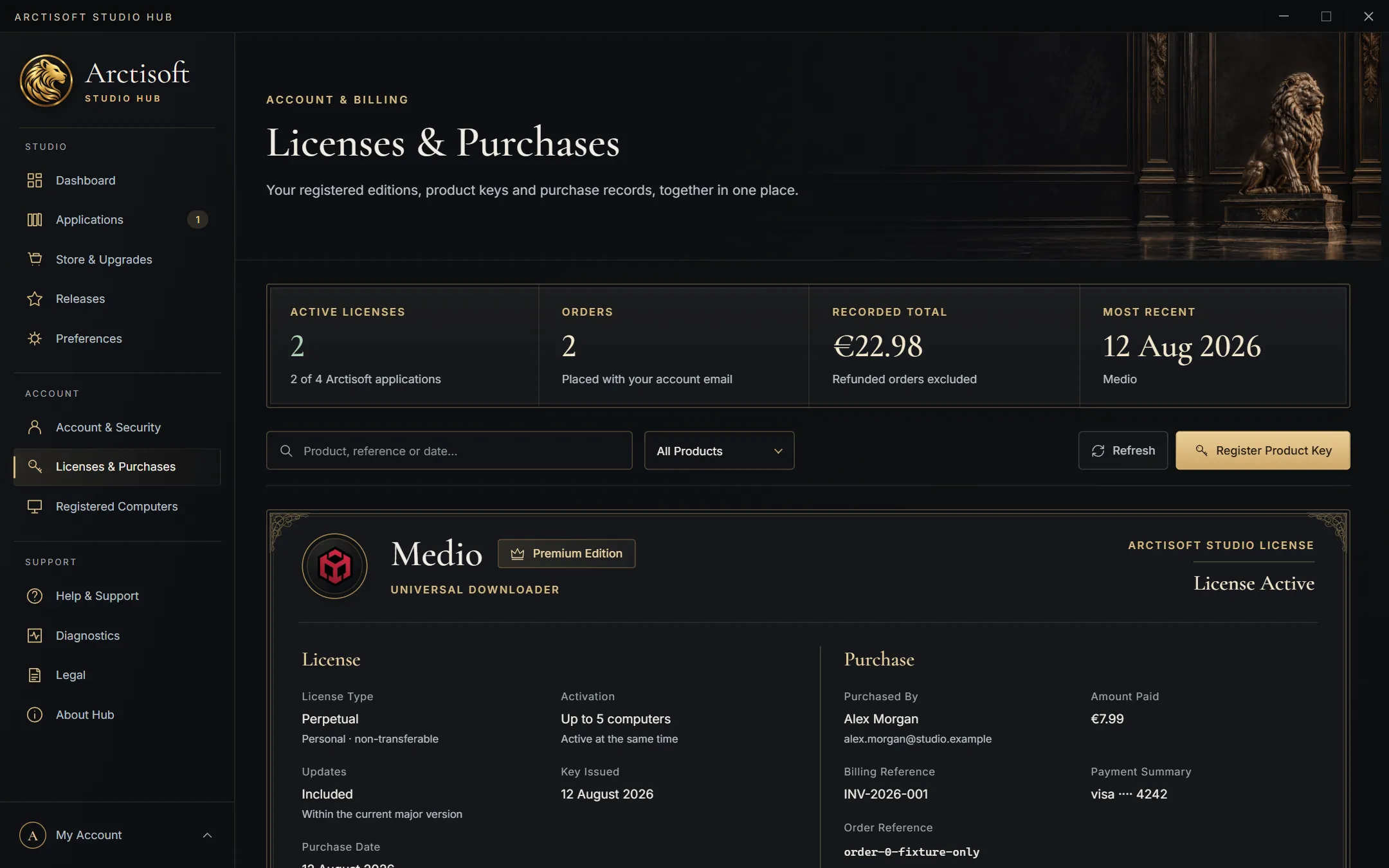 Studio Hub Licenses and Purchases page with license cards and their terms