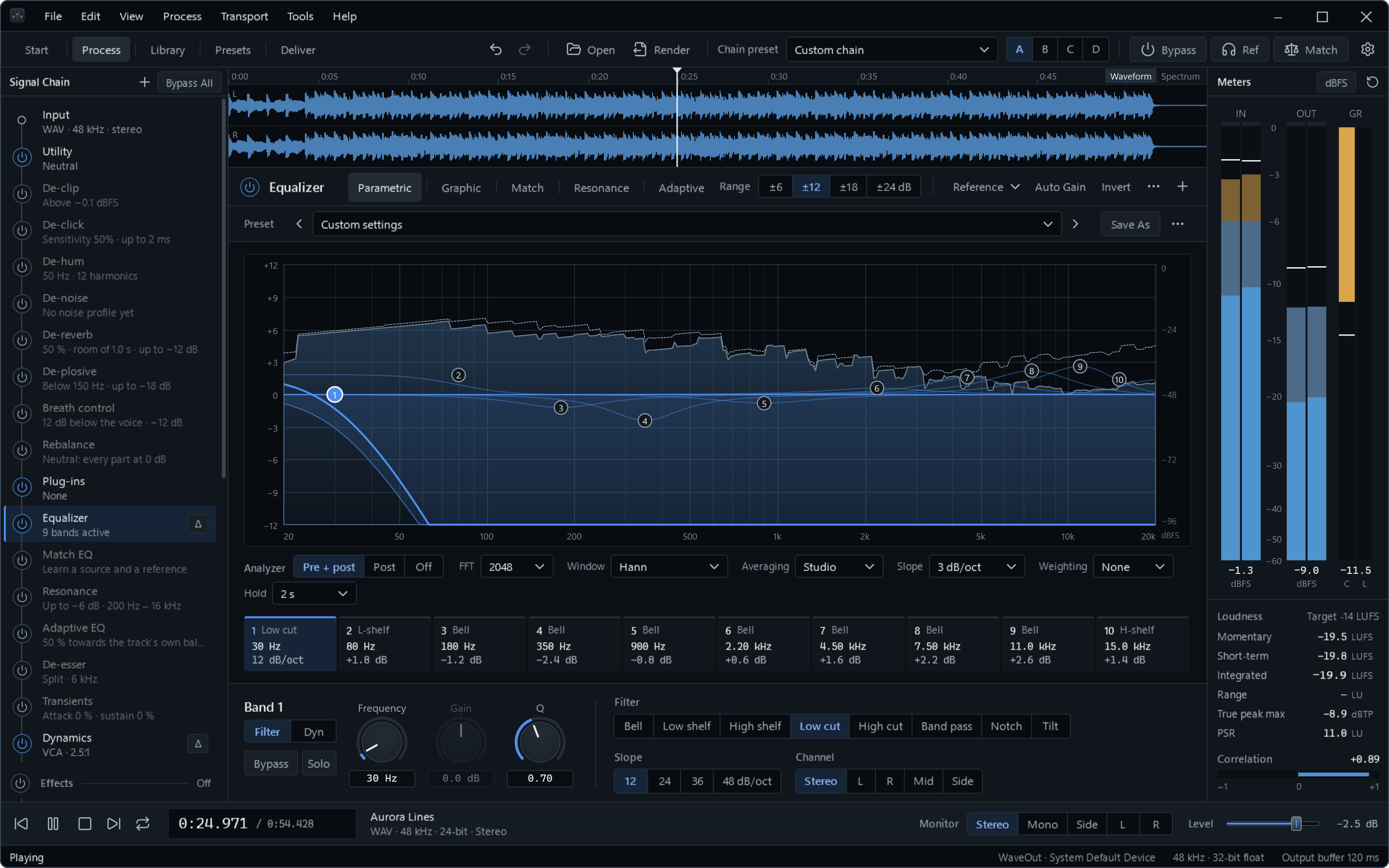 Fidena with the signal chain, the parametric equalizer and its analyzer, and the meters