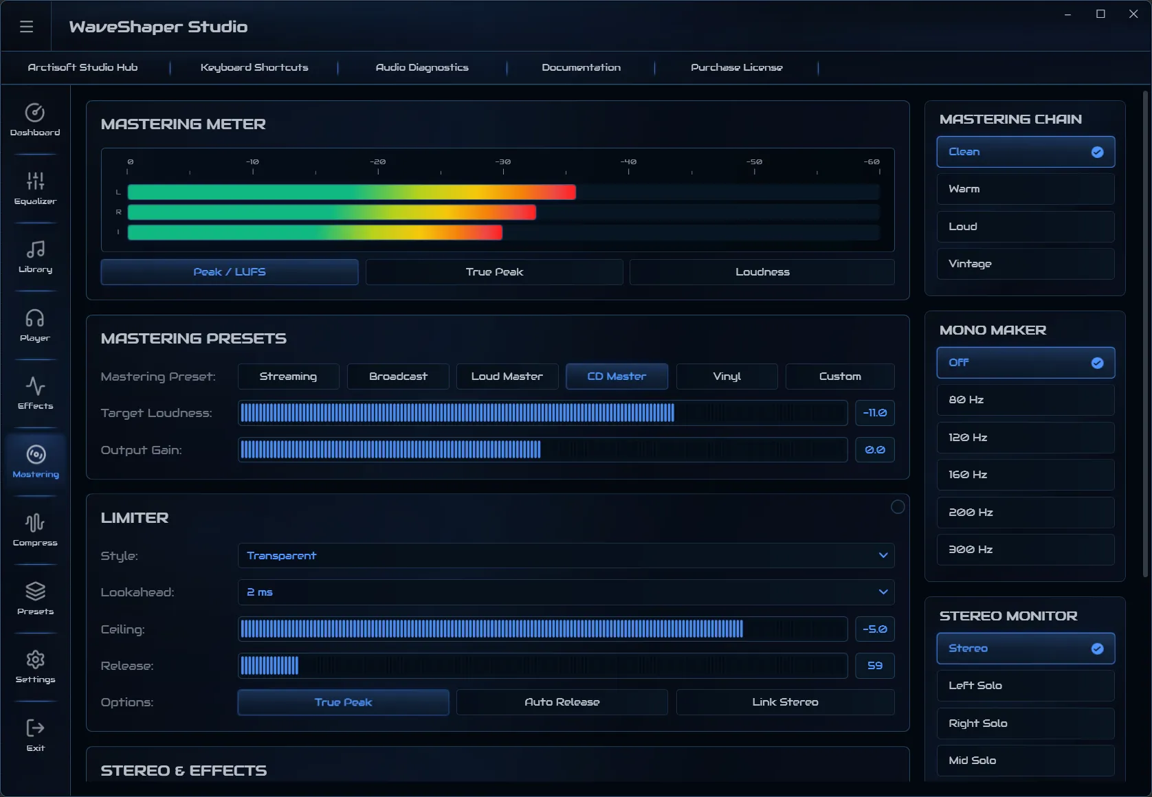 WaveShaper mastering workspace with loudness meter and limiter