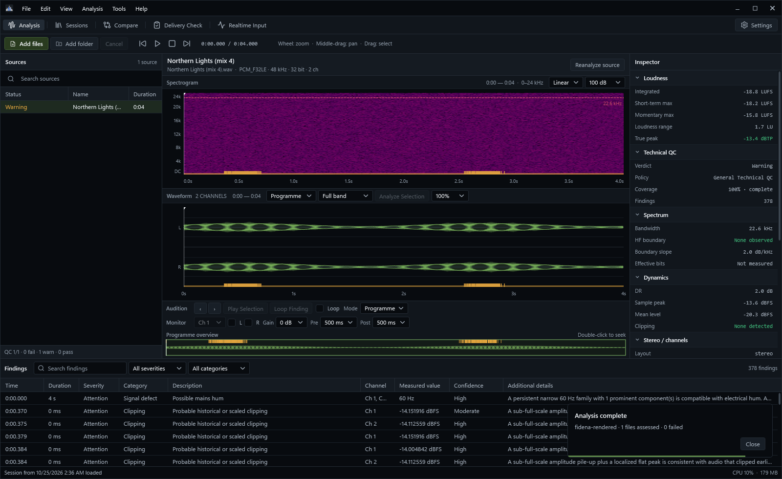 Revelis workstation with a spectrogram, waveform, inspector measurements and the findings list