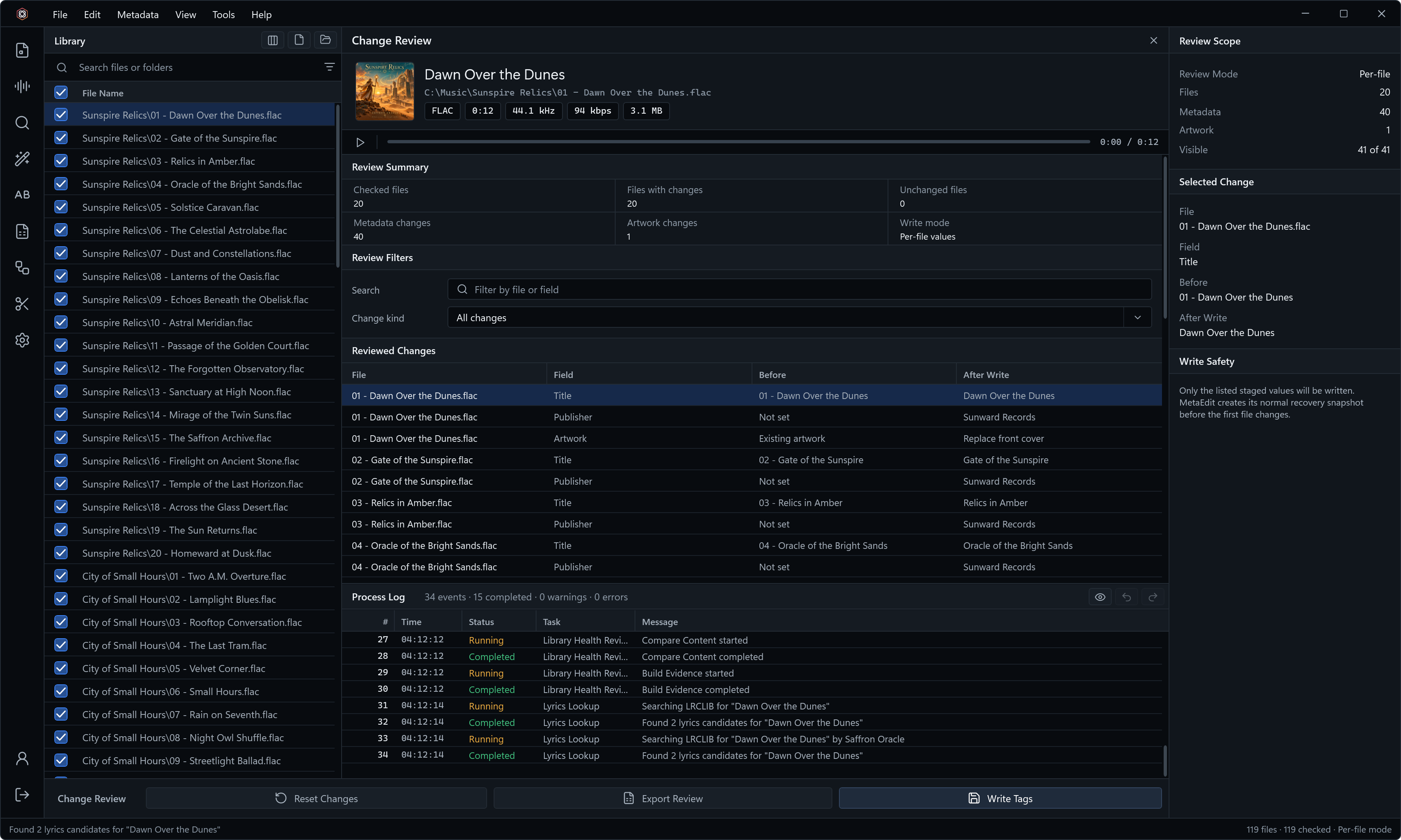 Notalis change review listing staged values per file